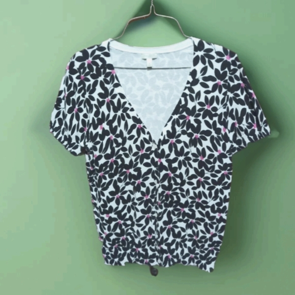 Talbots Womens Short Sleeve Button Front Black/White/Pink Knit Sweater Size M - Picture 1 of 10